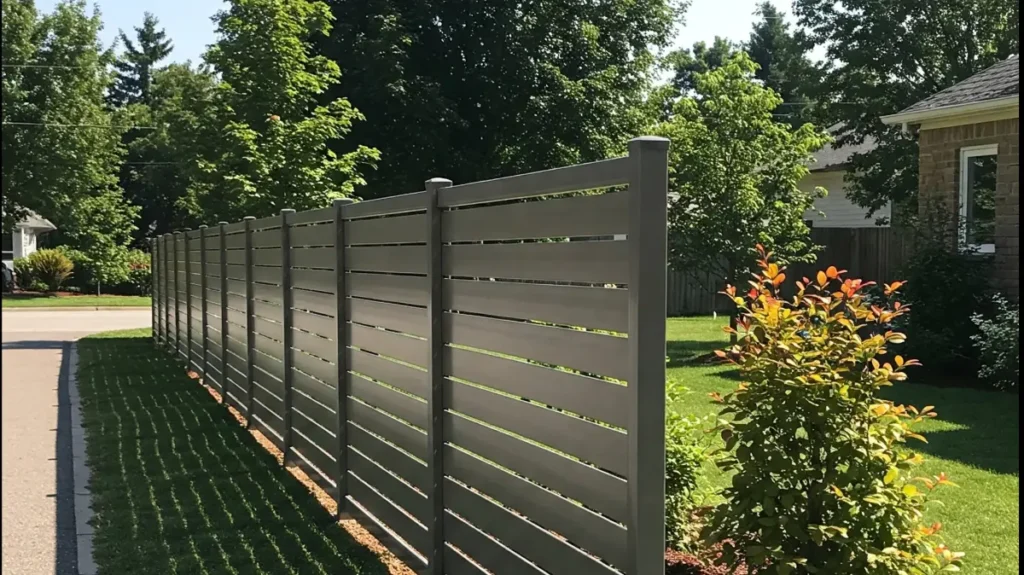 metal privacy fence in front of residential home