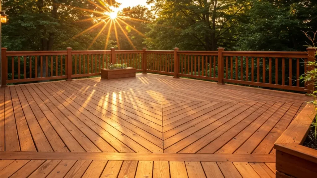 Decking image with sun shining over a spacious wood deck, creating a warm and inviting outdoor atmosphere