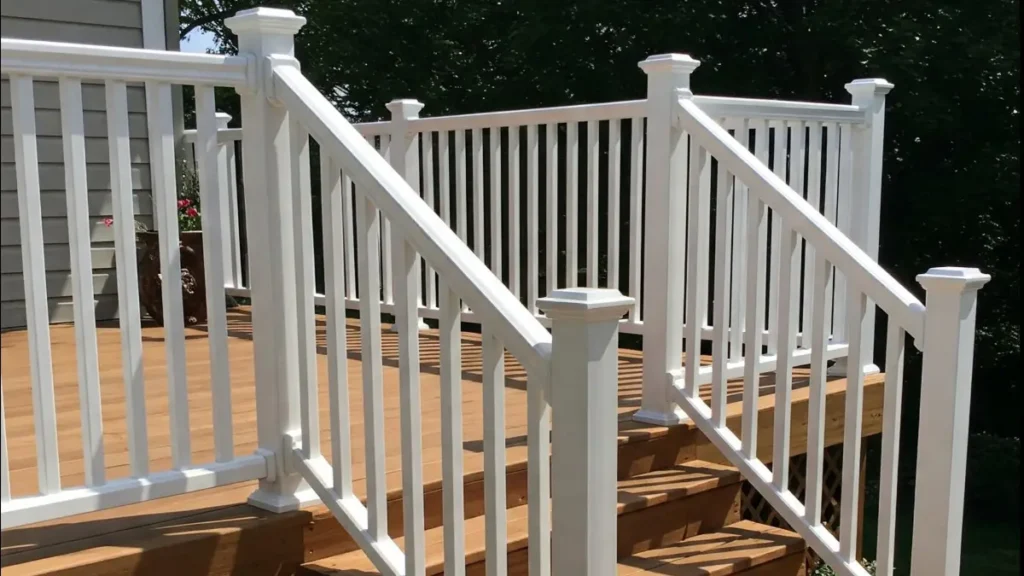 Deck & stair railings in a white finish, providing safety and a polished look for elevated outdoor spaces