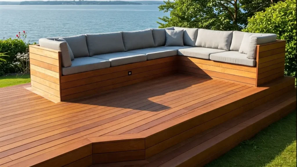 Deck with built-in seating made of wood, creating a cozy and functional outdoor space for relaxation and gatherings