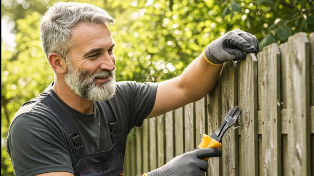 Wood fence maintenance by a worker