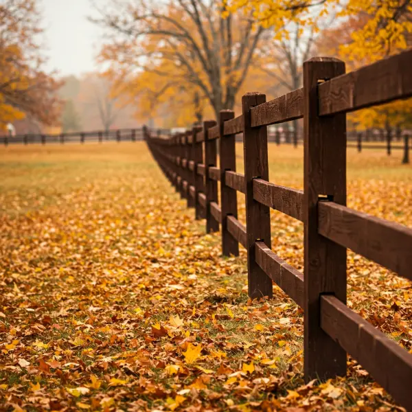 Fence with fallen leaves around in fall
