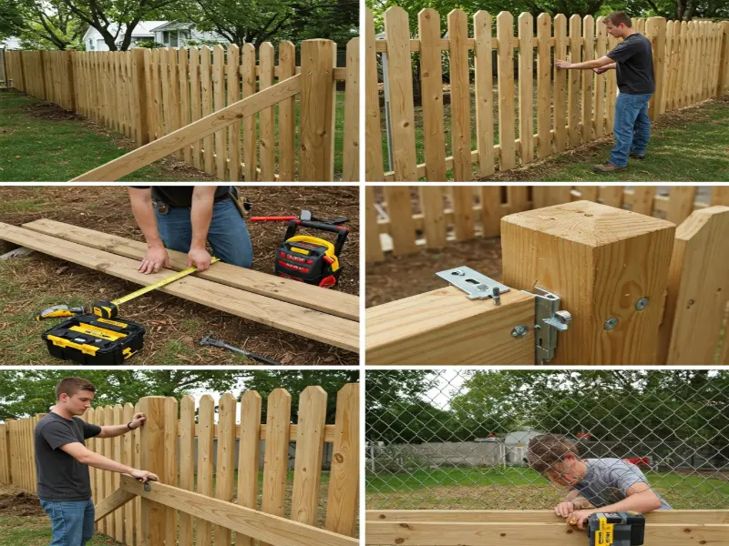 DIY fence installation in progress with a homeowner using basic tools to build a wooden fence in the backyard