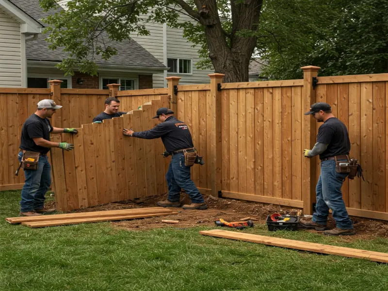 Professional fence installing with experienced contractors setting posts and aligning panels in a residential yard