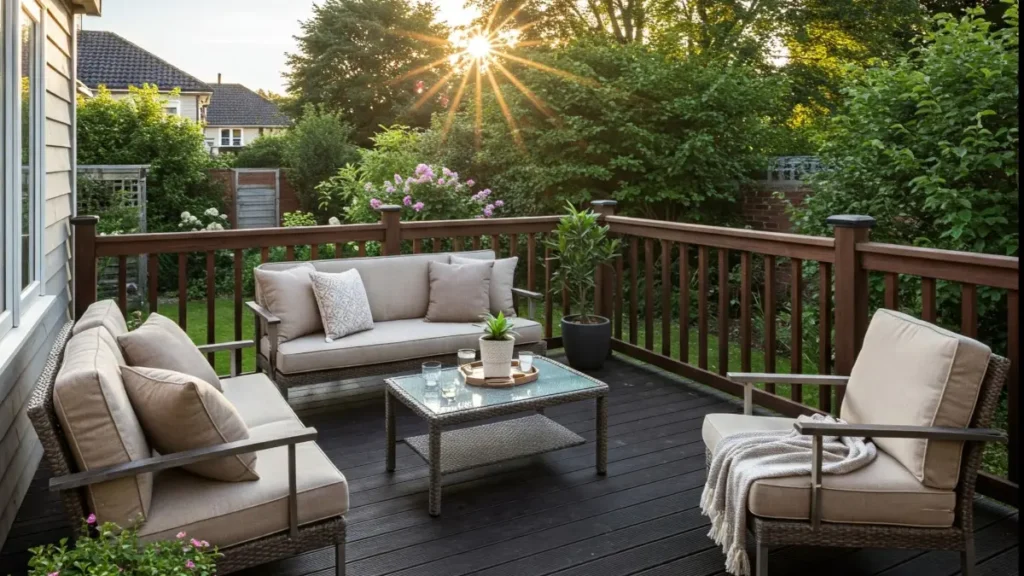 Backyard deck with sofa set, featuring cozy outdoor seating and a stylish patio setup perfect for relaxing and entertaining
