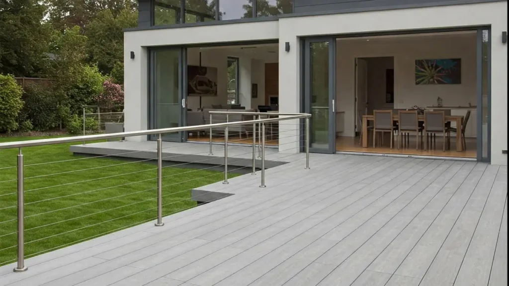 Modern home deck with clean lines, composite flooring, and sleek railings, designed for stylish outdoor living