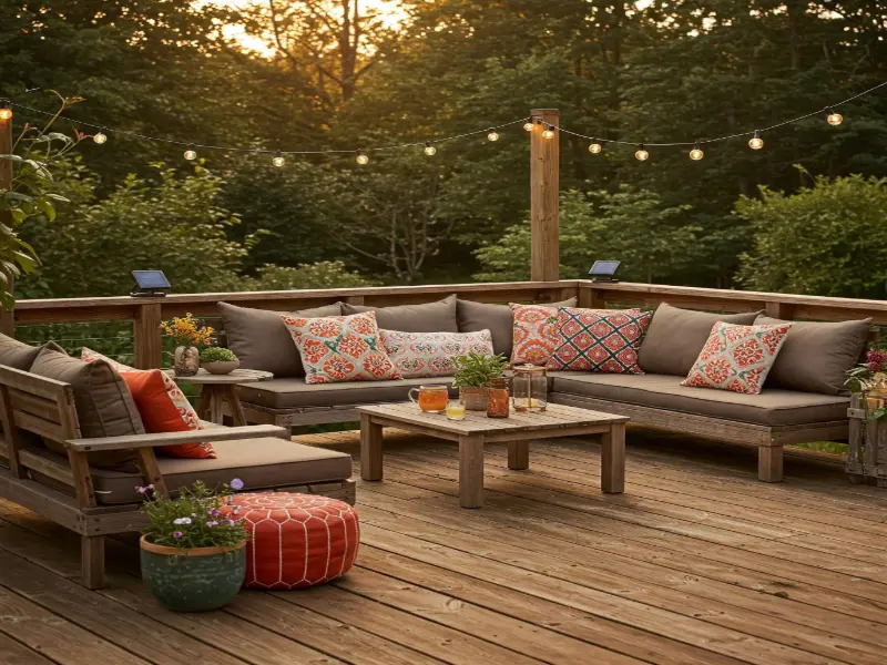 Out door deck with colorful pillows and solar lights