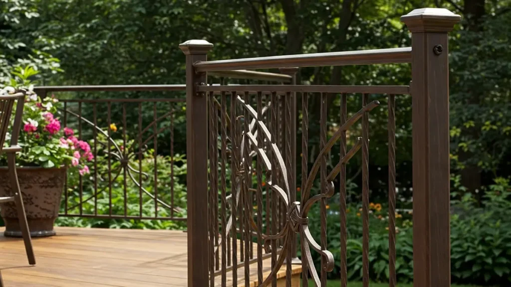 Stunning railing design in outdoor deck featuring sleek metal balusters and a modern wood handrail, enhancing the deck’s stylish look