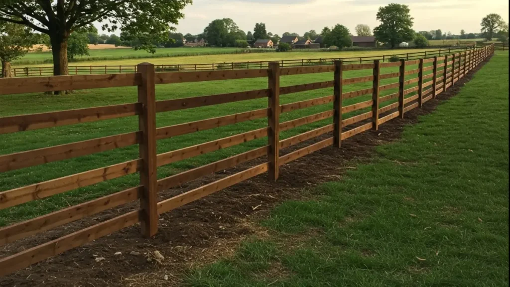 Wooden fence installed around a residential yard, offering natural style and privacy