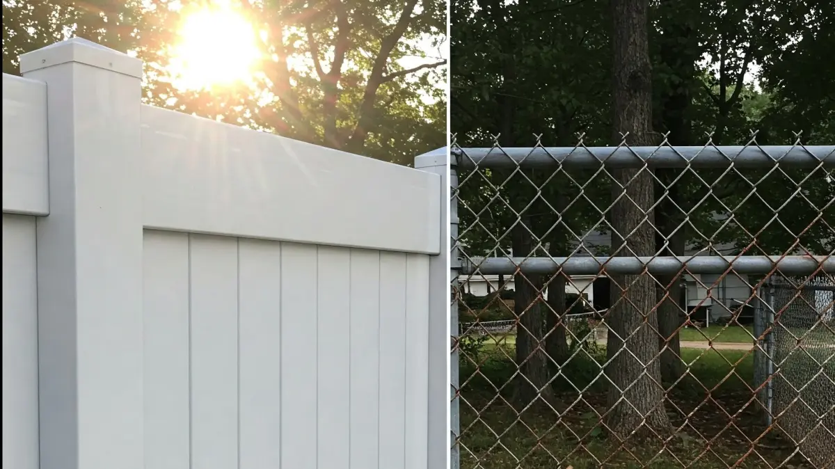 Vinyl and chain link fence installed side by side in a residential yard