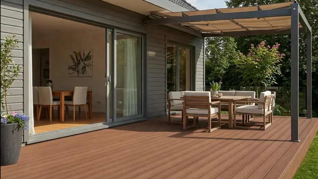 Composite decking installed on a backyard patio, offering durability and low maintenance for outdoor living spaces
