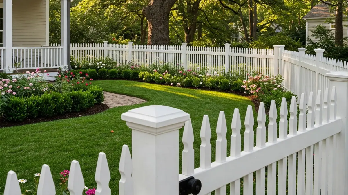 Front yard fencing with a white picket design enhancing curb appeal and creating a defined boundary for a residential property