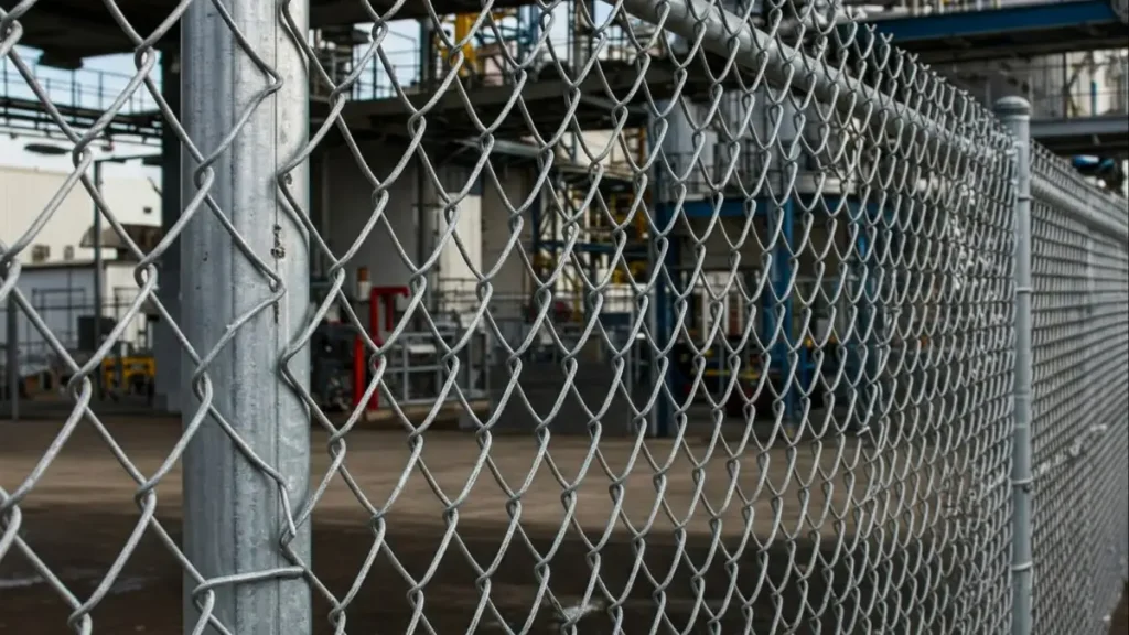 Commercial chain link fence securing a business property, offering durable perimeter protection with high visibility and cost efficiency