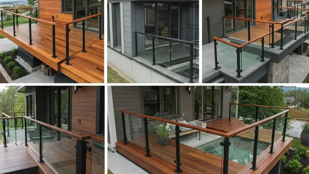 Railing ideas featuring a variety of styles including wood, glass, and metal railings for decks and balconies