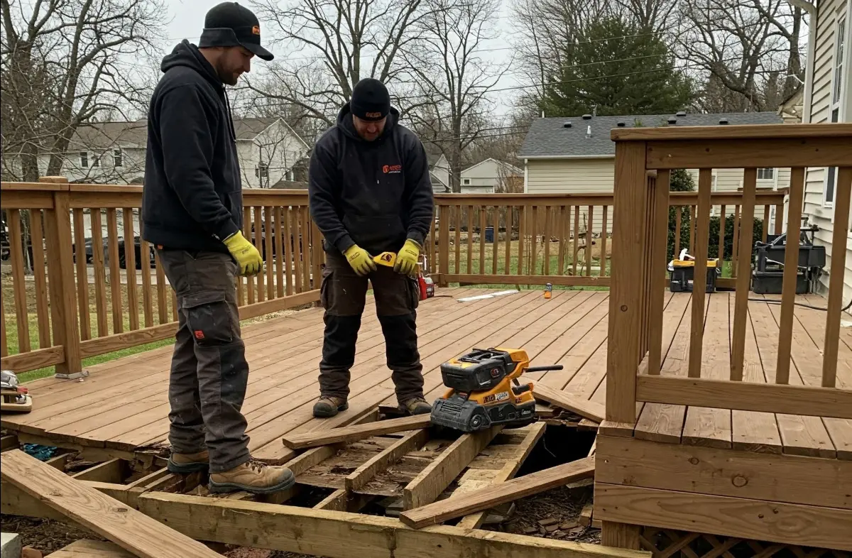 Contractors repairing a deck by replacing damaged wood boards on a residential backyard patio