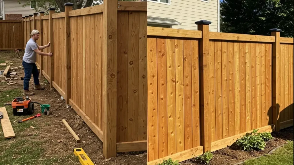 DIY vs professional fence installation comparison showing homeowner assembling a fence next to a contractor using power tools