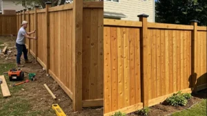 DIY vs professional fence installation comparison showing homeowner assembling a fence next to a contractor using power tools