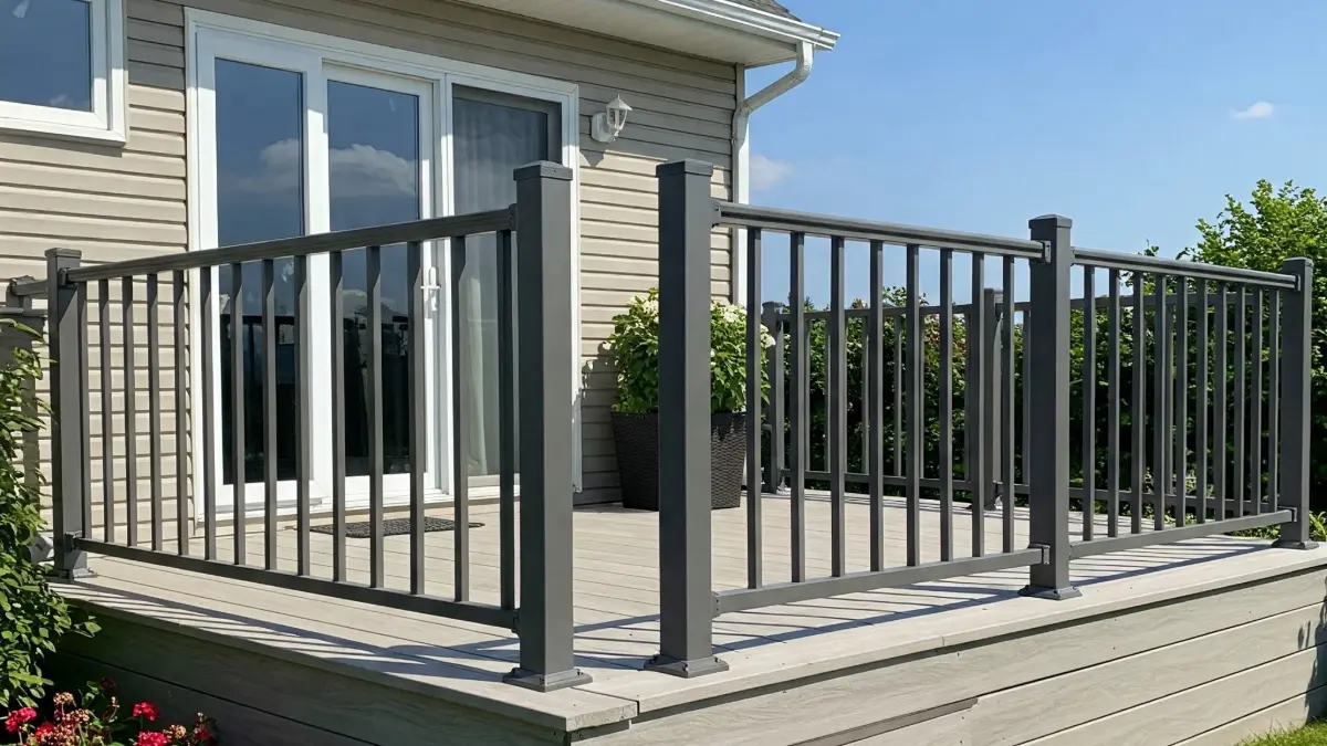Home deck with railings overlooking a backyard