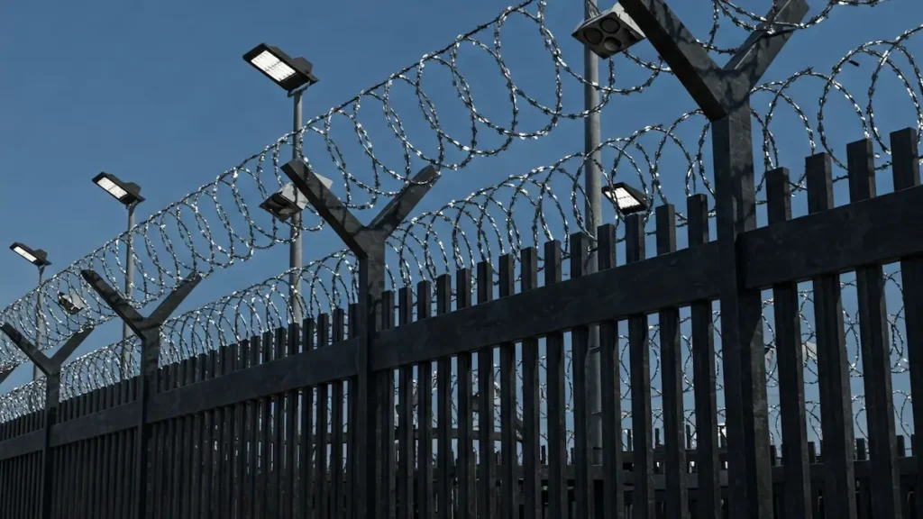 Fence for privacy and security with barbed wire installed along a property perimeter to prevent unauthorized access