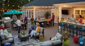 A captivating photo depicting a well-designed deck, ideal for entertaining. The deck features a mixture of natural light and warm string lights creating a cozy ambiance. There are multiple seating areas including comfy lounge chairs with plush cushions, a large dining table ready for a party, and a built-in bar with barstools. A vibrant, diverse group of friends and family is enjoying the outdoor space, with some grilling food and others having drinks and lively conversations. A few colorful decorative plants and flowers are placed on the deck, adding a touch of vibrancy to the overall atmosphere. The image's composition emphasizes the social aspect of the deck and provides an aspirational vision of outdoor entertainment.