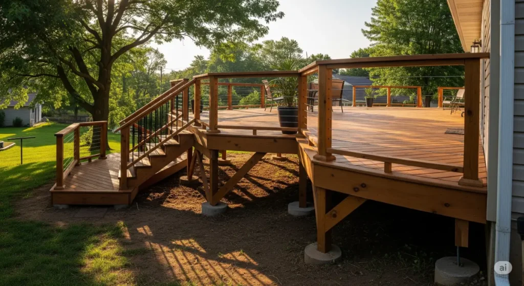 A high-quality, cinematic-style image showcasing a newly built deck gracefully integrated into a sloped landscape, featuring intricate framing and support structures. The deck's wooden surface, treated with a rich, dark brown stain, smoothly follows the contours of the uneven ground, highlighting the clever engineering solutions. The scene is bathed in soft, warm afternoon sunlight, casting long shadows that accentuate the deck's natural wood grain and the textures of the surrounding vegetation. A lush green lawn and mature trees are partially visible in the background, creating a sense of harmony with nature. The deck appears sturdy and inviting, complete with railings and a few strategically placed potted plants, suggesting a relaxing outdoor space. The photograph employs a wide-angle lens to capture the deck's full expanse and highlight its relationship to the surrounding environment. The focus is on the deck's unique structural elements and its successful integration into the uneven terrain, without showing any people.