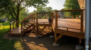 A high-quality, cinematic-style image showcasing a newly built deck gracefully integrated into a sloped landscape, featuring intricate framing and support structures. The deck's wooden surface, treated with a rich, dark brown stain, smoothly follows the contours of the uneven ground, highlighting the clever engineering solutions. The scene is bathed in soft, warm afternoon sunlight, casting long shadows that accentuate the deck's natural wood grain and the textures of the surrounding vegetation. A lush green lawn and mature trees are partially visible in the background, creating a sense of harmony with nature. The deck appears sturdy and inviting, complete with railings and a few strategically placed potted plants, suggesting a relaxing outdoor space. The photograph employs a wide-angle lens to capture the deck's full expanse and highlight its relationship to the surrounding environment. The focus is on the deck's unique structural elements and its successful integration into the uneven terrain, without showing any people.