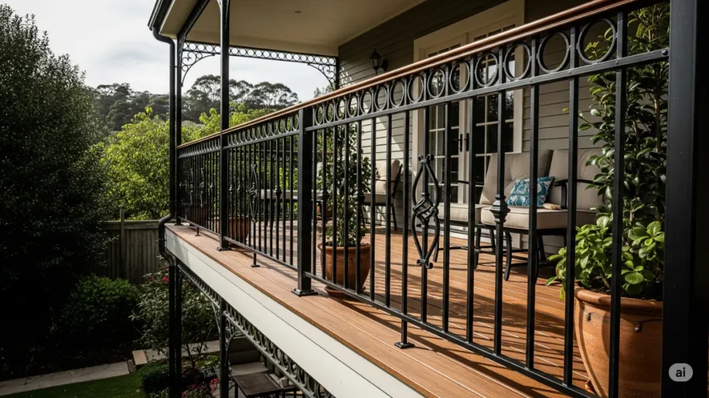 A professional photograph, emphasizing a view from below, looking up at a beautifully designed second-story deck with a classic, black wrought iron railing. The deck has a rich, dark brown wood surface and is adorned with potted plants and comfortable outdoor furniture, creating an inviting atmosphere. The background features a picturesque garden or landscape, enhancing the aesthetic appeal of the deck and highlighting the railing's intricate design. The image is captured with a DSLR camera, using a wide-angle lens and a shallow depth of field, drawing focus to the railing's intricate detailing. Soft, natural light casts gentle shadows, enhancing the visual appeal of the railings and the overall design of the space. The image is in a cinematic, architectural style.