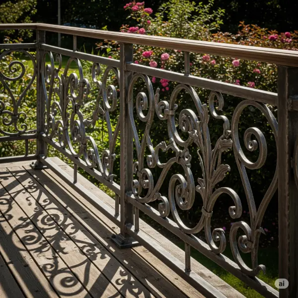 A detailed, high-resolution close-up image showcasing a custom-made railing with intricate wrought iron detailing, meticulously crafted with swirling patterns and ornate flourishes. The railing is mounted on a weathered wooden deck, overlooking a lush garden with blooming flowers in the background, a testament to the craftsmanship and attention to detail. Sunlight streams through the leaves, casting dappled shadows on the railing and deck, emphasizing the craftsmanship and luxurious feel. The image is taken at eye level, emphasizing the texture and intricate detailing of the custom railing in a professional architectural photography style.