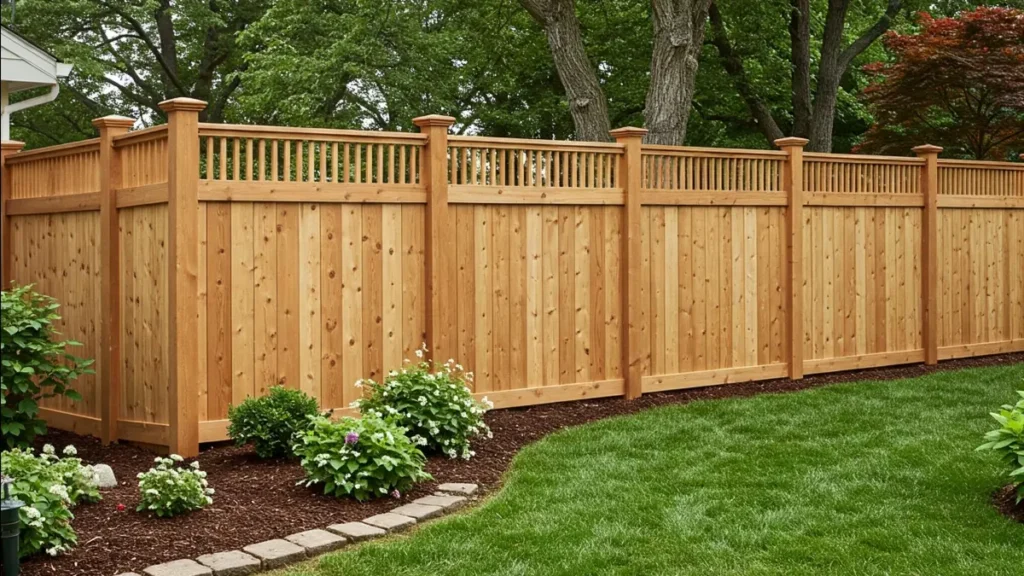 Wooden privacy fence installation in a backyard
