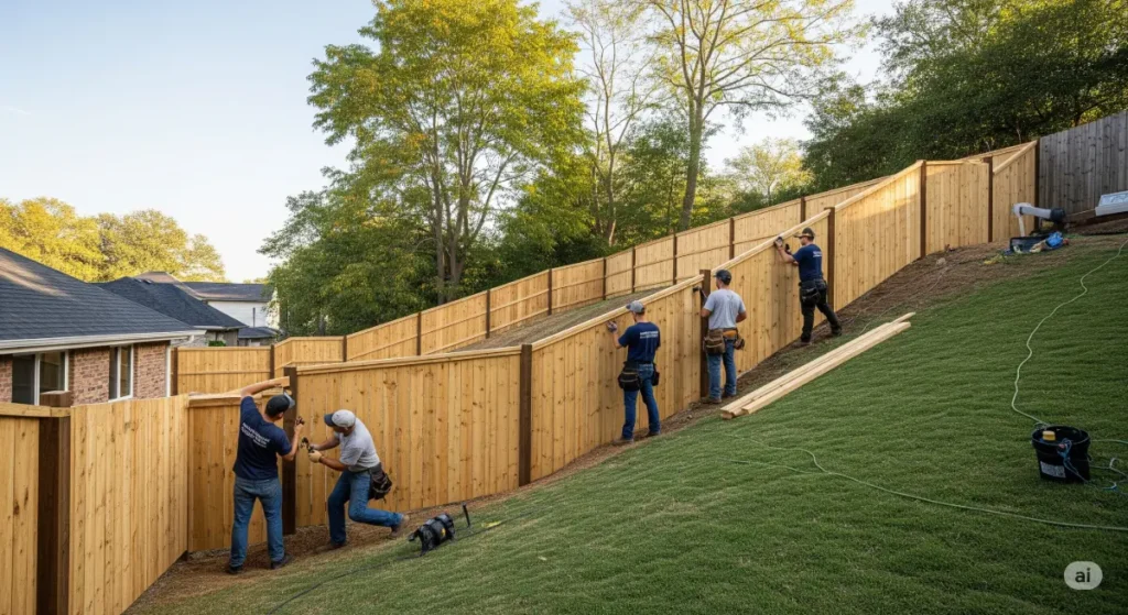 A featured image for a blog post about fence installation on sloped yards, showcasing a professional installation crew expertly installing a sturdy wooden fence on a sloped backyard. The fence follows the contours of the land, seamlessly blending with the natural landscape. The image emphasizes the use of specialized techniques for fence installation on uneven terrain, with workers using tools and materials to ensure stability and durability. The photo features a wide-angle view of the sloped yard, capturing the entire fence line and showcasing the finished result. The lighting is natural, casting warm, golden hues on the scene, accentuating the texture and warmth of the wood. The style is professional, emphasizing the quality of the fence installation and the skills of the team. The overall composition is clean and straightforward, highlighting the key aspects of fence installation on sloped yards in a visually appealing way.
