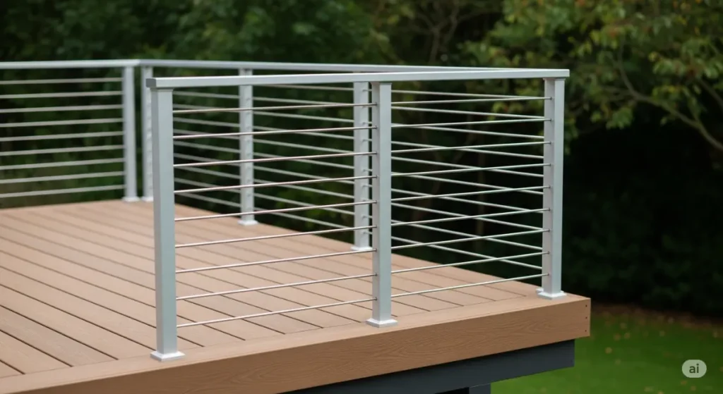 A high-quality, professional photograph showcasing a modern, fire-resistant deck and railing system, emphasizing the durable materials and construction. The deck is built with composite decking boards in a warm brown tone, and the railing is made from aluminum, featuring sleek, minimalist design. The backdrop could be a lush green garden, with a blurred background, creating a sense of tranquility and natural beauty. The photograph captures the deck's structural integrity and fire resistance, without displaying any human faces. The lighting is soft, natural daylight, enhancing the textures and colors of the materials. This image provides a compelling visual for a blog post on fire-resistant deck and railing solutions.