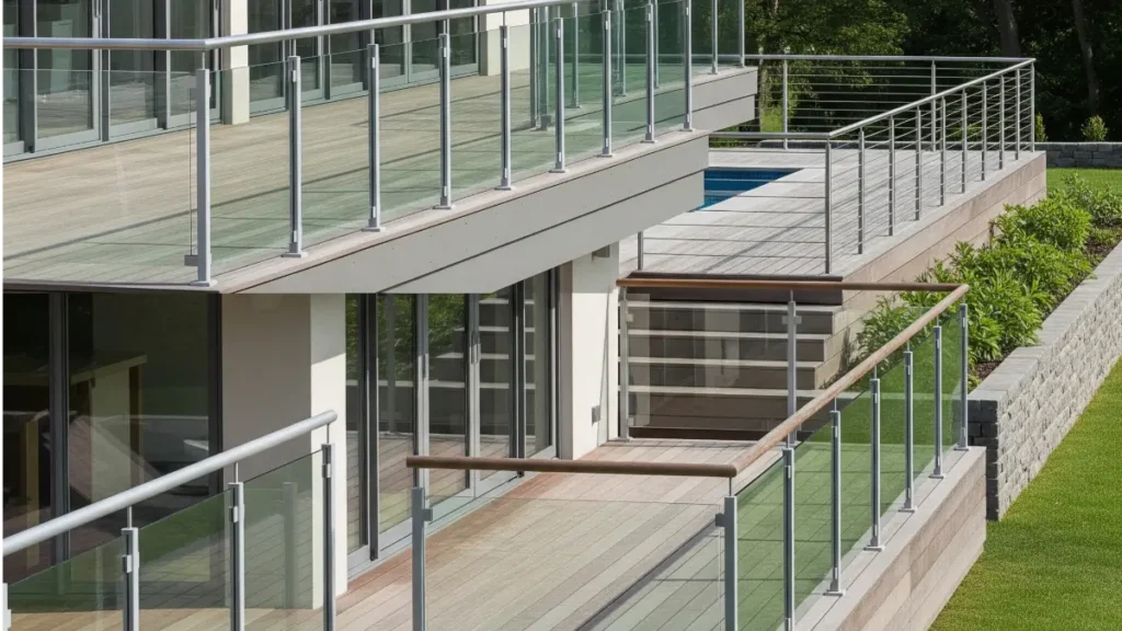 A professional architectural photo of a modern home's exterior with various deck and railing styles at different heights, featuring a range of materials and designs for a blog post about railing choices. The image might feature a wide, multi-level deck with a mix of glass, metal, and wood railings. A section with a low, child-safe railing might border a play area. A higher railing with a contemporary design could overlook a landscaped garden or a swimming pool. The focus is on demonstrating the variety of railing heights and layouts that can be used to enhance the aesthetics and functionality of a property, promoting a sense of safety and style. The background could be a lush green lawn or a tranquil garden, reflecting a natural and serene environment.