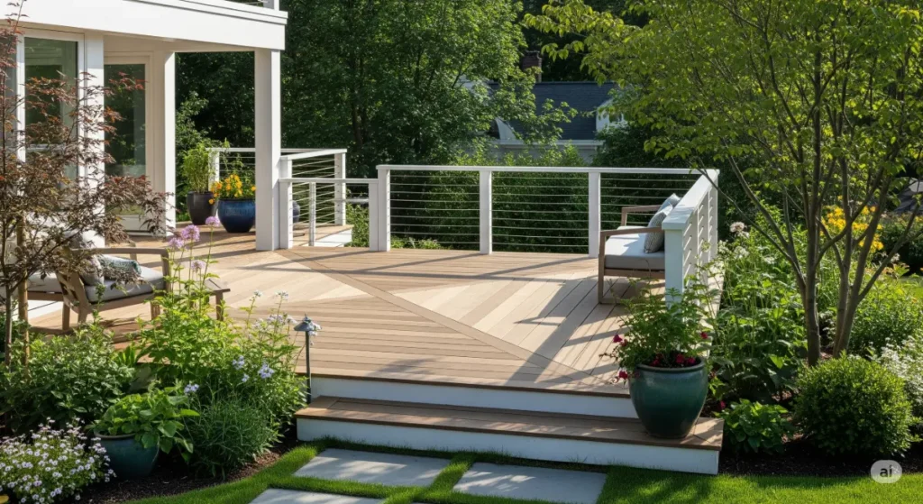A high-quality, cinematic shot of a modern deck seamlessly integrated with the surrounding landscape. The deck features a clean, minimalist design with natural wood planks and subtle geometric patterns. A lush, green garden surrounds the deck with a variety of carefully chosen plants and flowers, creating a sense of harmony and tranquility. The color scheme emphasizes natural tones, with warm wood and soft greenery contrasting against the crisp white railing and surrounding architectural features. Sunlight bathes the scene, casting soft shadows that highlight the texture and patterns of the wood and foliage. The image emphasizes the integration of natural elements with the deck design, conveying a sense of relaxation and outdoor living. The image is taken from a slightly elevated angle, giving a full view of the deck and its surroundings. The background is softly blurred, keeping the focus on the deck and the integration of the landscaping.