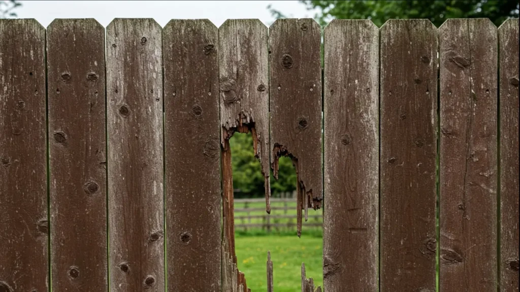 Damaged fence panels in a wood fence
