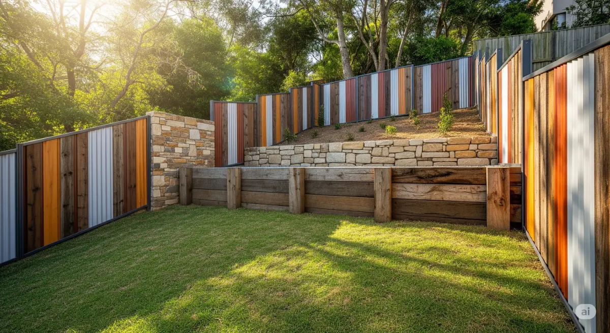 A mixed-materials fence and retaining wall in a sloped backyard, with a combination of natural stone, rough-hewn timber, and corrugated metal panels. The retaining wall provides a level terrace, creating a sense of calm and stability against the sloping terrain. The fence utilizes a mix of materials, offering a contemporary and unique aesthetic, with a mix of warm and cool tones. Sunlight streams onto the scene, emphasizing the varying textures and colors of the materials, casting soft shadows on the sloping ground. The image emphasizes the fence and retaining wall within the context of a lush, green backyard, showcasing the harmony between modern elements and natural surroundings. The scene is captured with a wide-angle lens, offering a complete view of the backyard landscape and the interplay of materials.