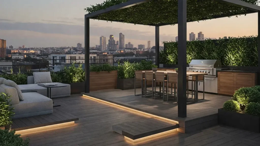 modern deck design in a roof top of residential home