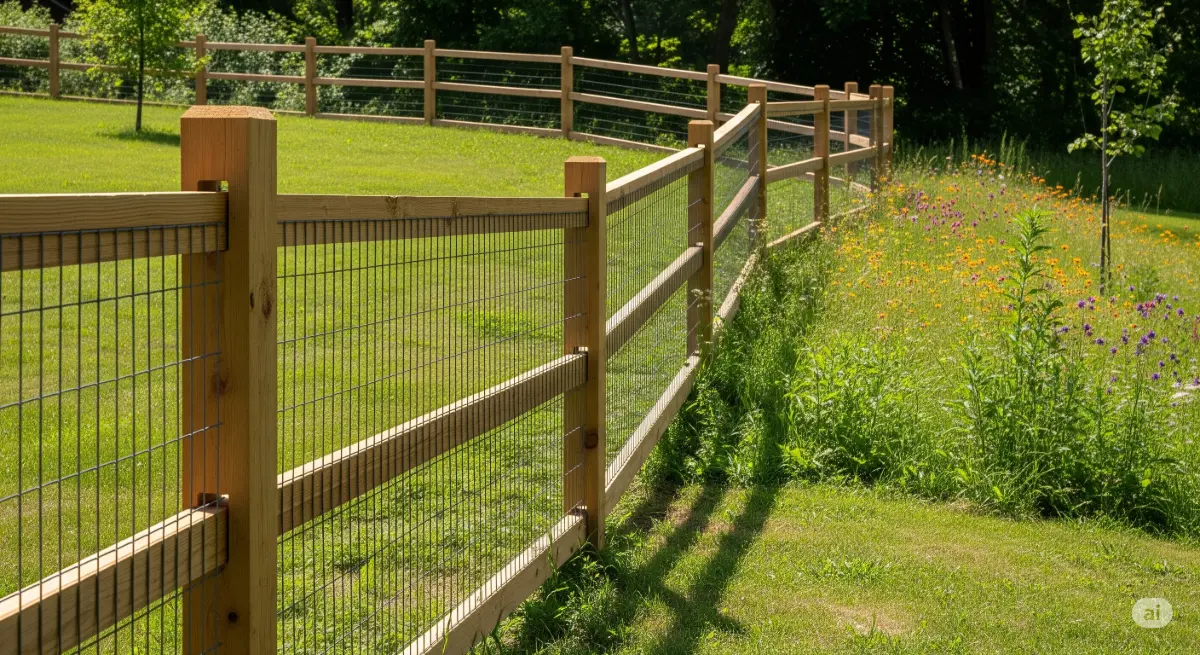 A split rail fence with integrated wire mesh, strategically placed along a sloping backyard, creates a secure and visually appealing boundary. The fence follows the natural contours of the land, seamlessly integrating with the landscape. The natural wood of the split rail fence provides a rustic charm, while the wire mesh offers a level of protection and security. The scene is captured in a high-quality outdoor photograph with a wide-angle lens, creating a sense of depth and scale. Sunlight bathes the scene, highlighting the textures and colors of the fence and the surrounding greenery. In the background, lush, green grass and colorful wildflowers add a touch of natural beauty to the overall aesthetic.