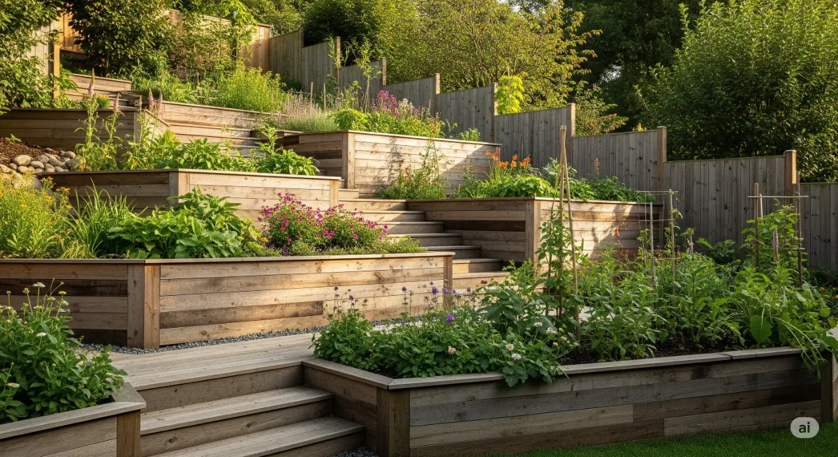 A photograph showcasing a sloped backyard, characterized by a series of stepped wooden fences that delineate various garden beds. The fences, crafted from reclaimed wood with a rustic aesthetic, follow the natural contours of the terrain. Each garden bed bursts with a diverse array of flowers and foliage, suggesting a thriving, well-maintained garden. Soft, natural light illuminates the scene, casting gentle shadows and highlighting the textures of the wood and the vibrant hues of the plants. The composition emphasizes the interplay between the man-made structures of the fences and the organic growth of the garden beds. The image evokes a sense of tranquility and invites viewers to appreciate the careful design and nurturing of this unique backyard landscape. The natural materials and the integration of the garden beds with the sloping terrain create a harmonious and aesthetically pleasing scene.