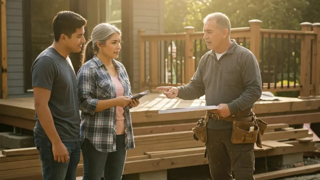 two Home owners asking questions about deck construction From deck builder