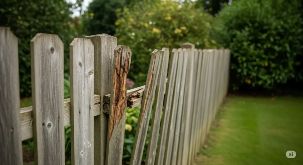 A high-quality, professional photograph depicting a weathered wooden fence with several loose boards and visible signs of decay, possibly with a portion leaning precariously. The background shows a lush, green garden, highlighting the potential for damage to landscaping or property if the fence isn't maintained. The image is taken with a wide-angle lens in natural light, giving a sense of scale and highlighting the issue of the fence's instability. The featured image has a shallow depth of field, focusing on the deteriorated fence with the rest of the garden softly blurred, giving the viewer a sense of urgency. A professional-looking, slightly aged wood fence that requires immediate attention, as a part of the fence is decaying and leaning dangerously, suggesting a need for regular inspections to maintain property safety and value.