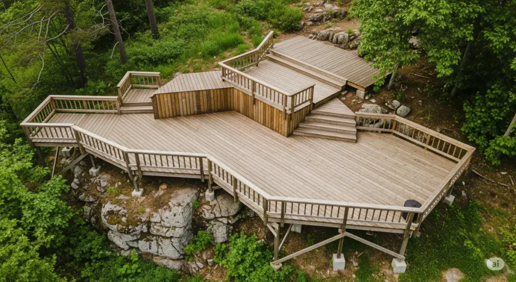 An aerial drone shot of a rustic wooden deck built into a challenging, uneven terrain, showcasing a unique, multi-level design with curved edges and varying heights. The deck is constructed from weathered wood planks, displaying a warm, natural palette of browns and tans. The surrounding environment is a mix of vibrant green vegetation and rocky outcroppings. The composition highlights the deck's intricate design, emphasizing the interplay between the structure and the rugged landscape. The absence of people allows the viewer to fully appreciate the complexity of the deck's construction and its harmonious relationship with the environment. The lighting is natural, with soft sunlight filtering through the trees, creating a sense of calmness and adventure. A sense of scale is provided by the surrounding natural elements, demonstrating how the structure is subtly integrated into the hillside environment.