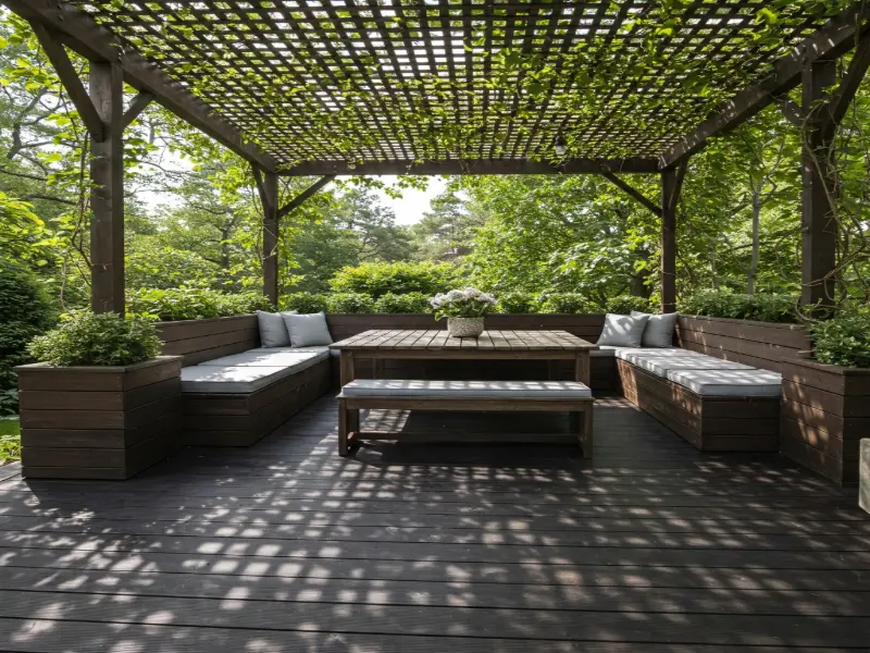 deck with table area and seating and shading in a Eco friendly green environment