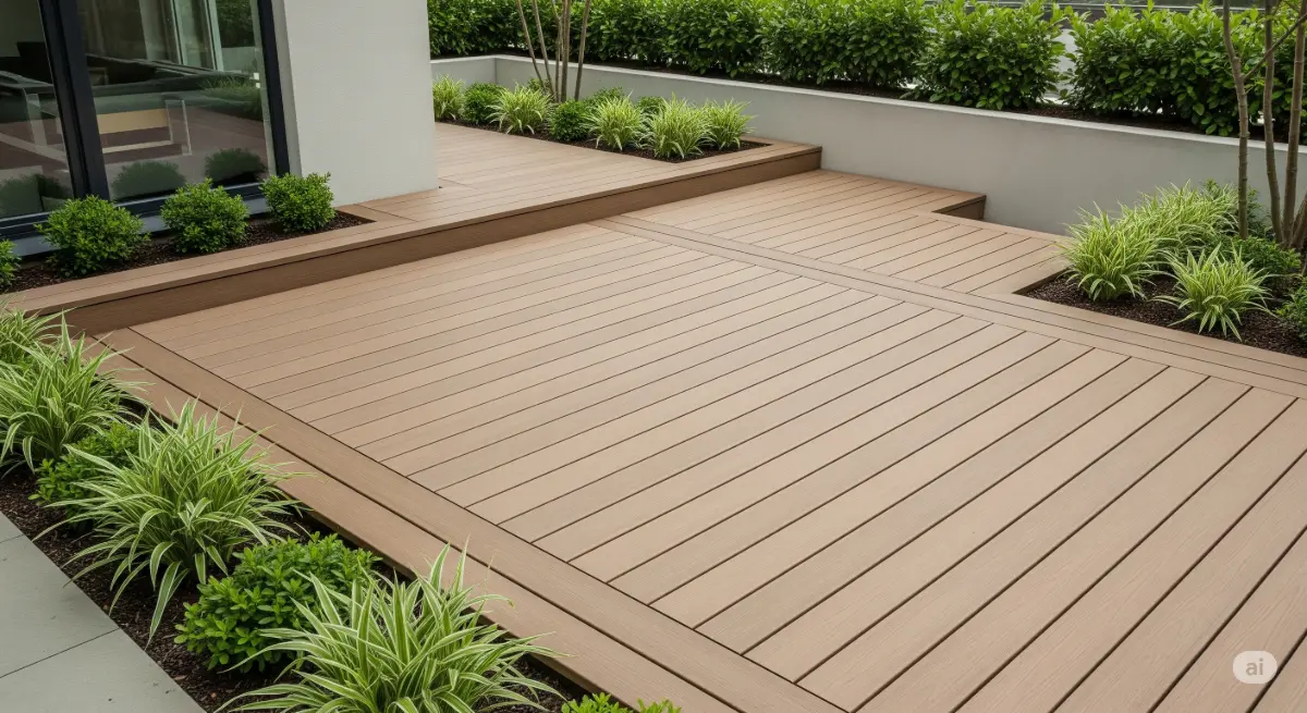 A high-angle, wide-shot photograph of a modern, fire-resistant deck constructed with composite materials. The deck features a sleek, minimalist design with clean lines and a warm, neutral color palette. The materials used in its construction exude a sense of durability and resilience, conveying a sense of safety and security. The deck's surface is smooth and subtly textured, providing a comfortable surface for walking or lounging. Lush, green plants are strategically placed around the perimeter, adding a touch of natural beauty and creating a tranquil outdoor oasis. The overall aesthetic is one of effortless sophistication and peacefulness, and the surrounding landscape is blurred in the background, focusing attention on the remarkable features of the deck, without showing any human faces. The image showcases the deck's inherent fire-resistance, using materials that evoke a sense of solidity and reliability, suitable for both residential and commercial applications.