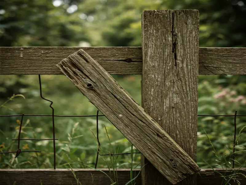leaning and cracked fence post in a fence