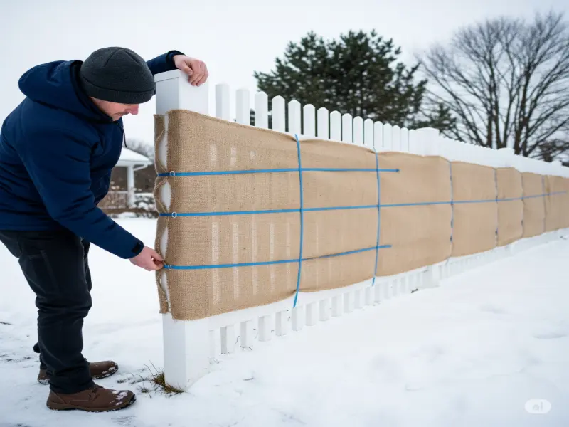 A home owner adding protective layer for the fence for winterize