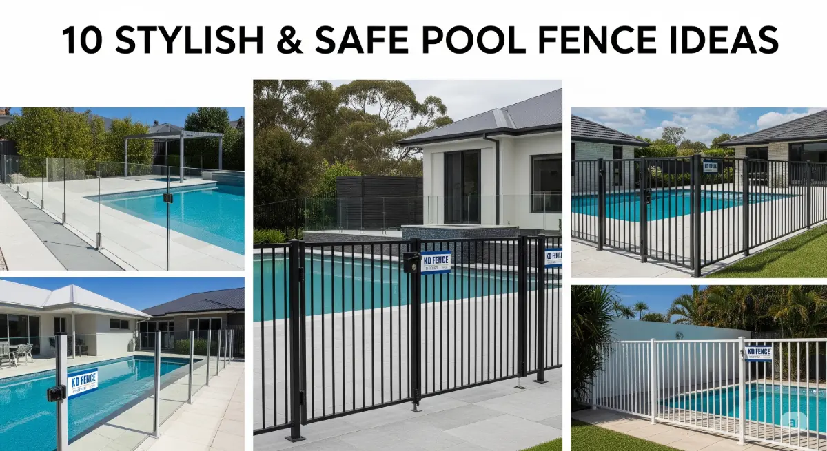 A high-quality, professional image showcasing a diverse range of stylish and safe pool fence designs, ideal for a blog post on '10 Stylish & Safe Pool Fence Ideas'. The image features a variety of fence styles, including glass panels, wrought iron, and modern aluminum, each demonstrating safety features like self-closing gates and secure latching mechanisms. KD Fence attire (e.g., logos, branded equipment) is subtly integrated where relevant, emphasizing the company's role in providing these solutions. The lighting is bright and natural, highlighting the material and texture of each fence type. The backdrop features a range of pool environments, from sleek modern pools to more traditional backyard oases, ensuring diverse appeal. The composition includes a wide-angle perspective, showcasing the fence's integration with the overall pool area, with a shallow depth of field, focusing on a specific area of the featured fence.