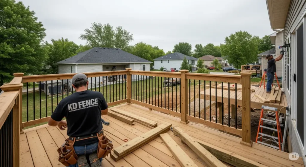 A wide angle, high-resolution image of a deck project in progress, focusing on the building process with adherence to 2025 deck permit regulations. The background depicts a suburban home or a neighborhood, signifying the common application of deck permits. A KD Fence employee in company attire can be seen working at the construction site, possibly assembling a railing or inspecting the deck structure. The lighting is natural, and the image highlights the importance of following the updated permit rules for deck construction in 2025. In the distance, a person can be seen in a blurred background, working on the home's exterior. The main focus is on the deck project and its relation to the 2025 permit requirements. The image is designed in a photojournalistic style, capturing the scene as it unfolds, emphasizing safety, quality, and adherence to building codes and permit requirements while still showing the construction activity related to deck permit regulations.