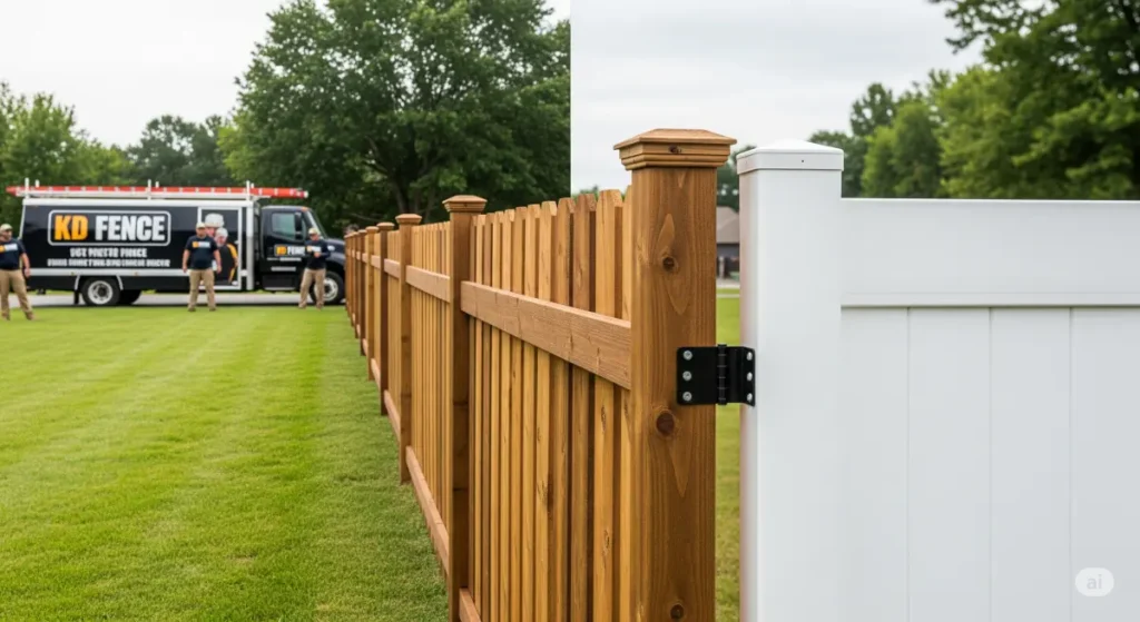 A clear and informative featured image for a blog post showcasing the contrast between wood and vinyl privacy fences in 2025. A side-by-side shot illustrates a segment of each fence type, highlighting features like pickets, rails, and posts. The wood fence showcases its natural grain and tone with a dark brown stain, while the vinyl fence displays its sleek white surface. The backdrop consists of a well-manicured lawn with a few mature trees in the distance. A KD Fence branded work truck, with workers in branded KD Fence attire, is in the background, subtly indicating the potential for professional installation. The image is bright and well-lit, ensuring clarity and showcasing the colors and textures of each material. The image has a strong focus on both fence materials for comparison, ensuring the reader can quickly assess the visual differences between the two options.