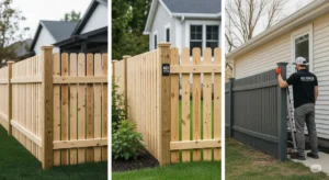 A high-quality, professional photograph showcasing three distinct quick-install fence styles that are ideal for Albany homes. Each fence section is prominently featured, highlighting its unique design and material. The fences are shown in a variety of settings, possibly including a suburban backyard, a garden, and a side yard, to represent their adaptability to different residential landscapes. The lighting is natural, perhaps with a soft, warm glow, to create a welcoming and inviting atmosphere. The KD Fence logo and branding elements are discreetly integrated into the image, such as a subtle KD Fence logo on a fence post or a worker in a KD Fence shirt during a quick install. The fences are the central focus, with a blurred background to emphasize their features. The fences are presented in a clean, modern style, ensuring the image aligns with the blog post's theme of quick and easy fence installation for Albany homeowners. The photograph has a balanced composition, allowing viewers to easily identify and compare each fence style.