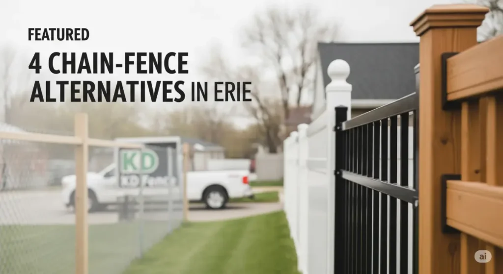 A featured image for a blog post about 4 chain-link fence alternatives in Erie, Pennsylvania, that will be displayed on the homepage and share posts of the blog. The image focuses on four different fence types, including wood, vinyl, or wrought iron, without showing any faces or people, while incorporating KD Fence branding elements like a truck or logo subtly in the scene, in a professional architectural photography style. A natural light fills the scene, using a depth of field with the focus on the fence alternative, and a soft bokeh background. The overall aesthetic is high-quality, representing security, privacy, and reliability while using color grading for contrast.